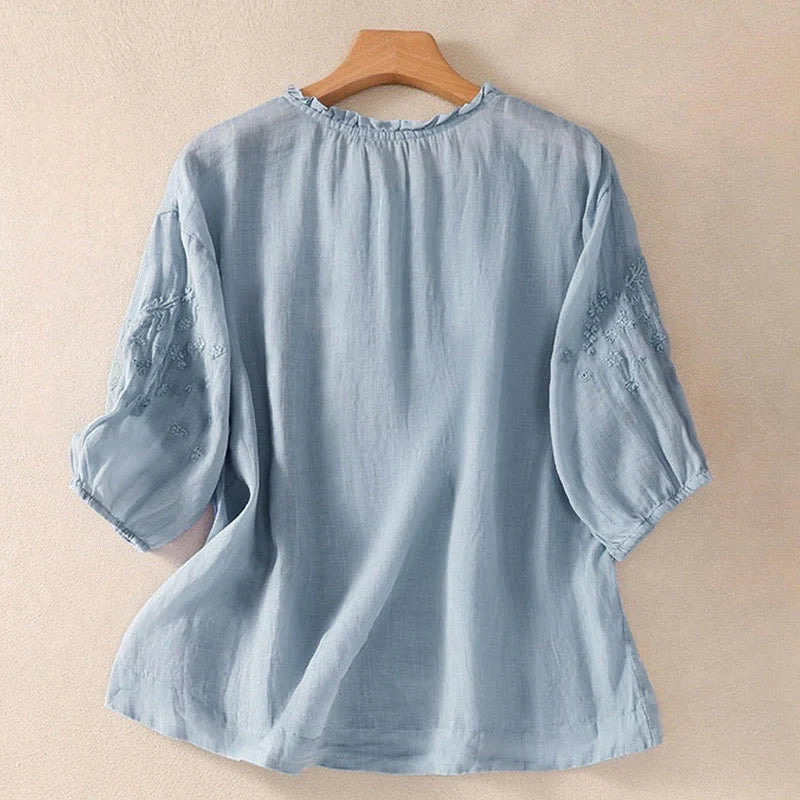 Buddha Stones Casual Plain Button Floral Embroidered Design Puff Half Sleeve Women's Shirt