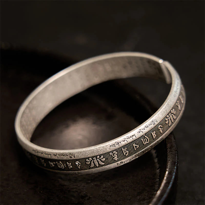 Buddha Stones Om Mani Padme Hum Heart Sutra Mantra Lotus Peace Meditation Cuff Bracelet Bangle