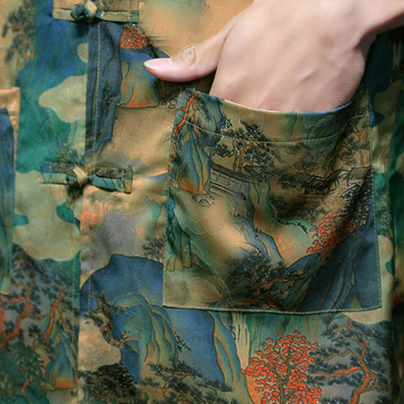 Buddha Stones Spring Frog-Button Dragon Mountain Flower Three Quarter Sleeve Tang Suit Men's Shirt With Pockets