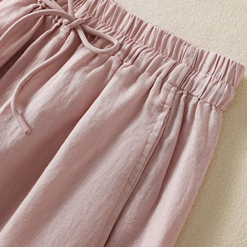 Buddha Stones Commute Plain Design Drawstring Cotton Linen Women's Wide Leg Pants With Pockets