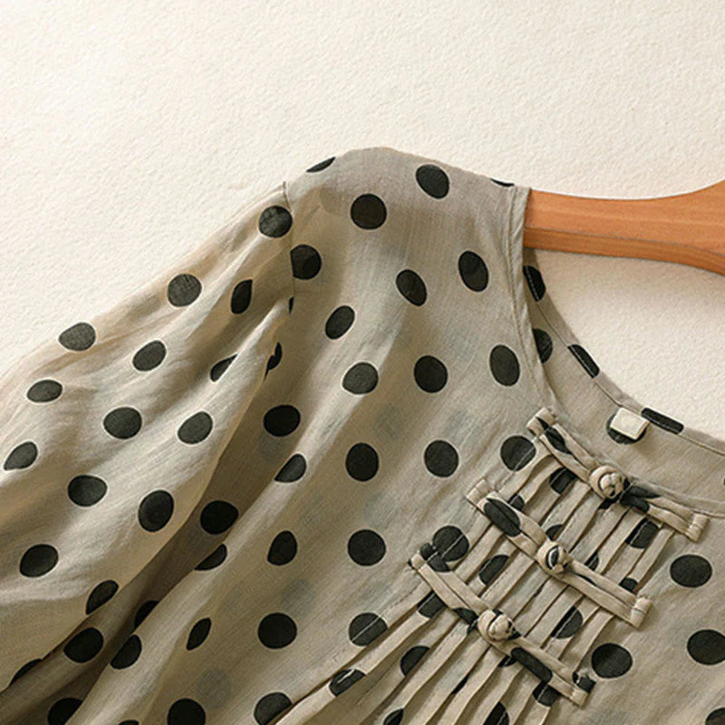 Buddha Stones Fall Round Neck Polka Dots Long Sleeve Women's Polyester Shirt
