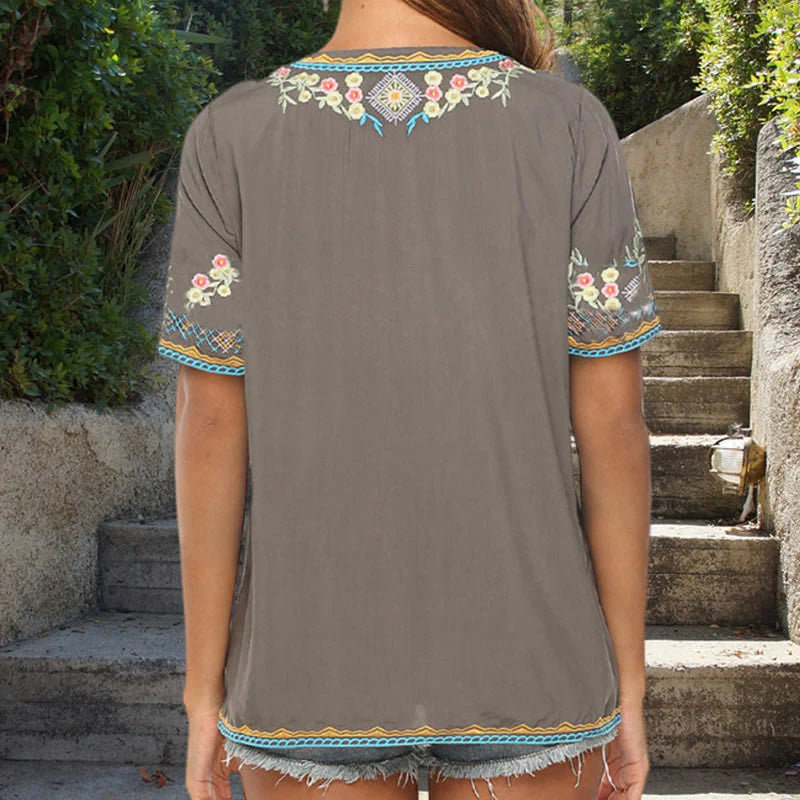 Buddha Stones Embroidery Flower Design Short Sleeve V-neck Cotton Women's T-Shirt