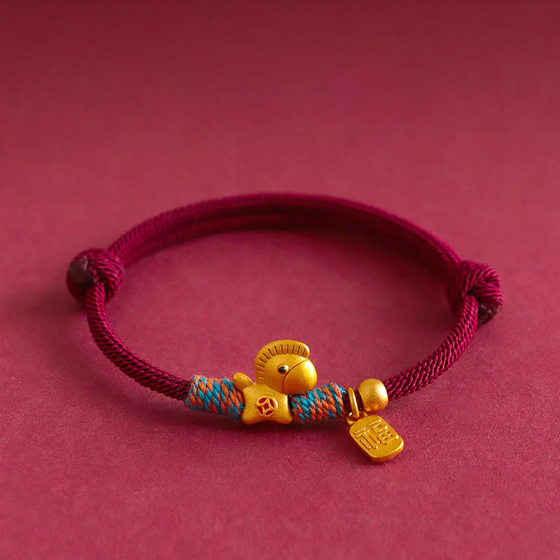 Buddha Stones 999 Sterling Silver Year of the Horse Fu Character Charm Braided String Faith Bracelet