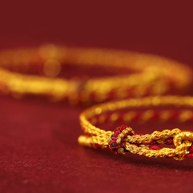 Buddha Stones 999 Gold Beads Copper Coin Double Wrap Golden Red String Connection Braided Bracelet