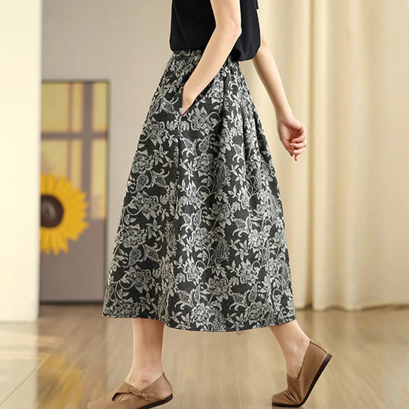 Buddha Stones Printing Flower Paisley Pattern A-line Elastic Waist Cotton Women's Skirt With Pockets