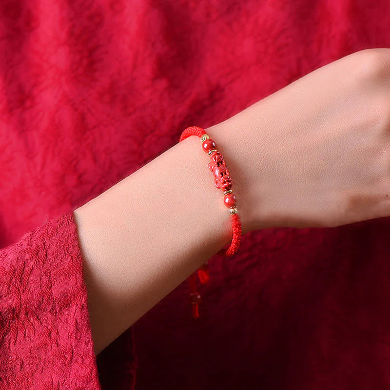 Buddha Stones Handcrafted Pixiu Cinnabar Ruyi Stick Wealth Luck Braided Bracelet