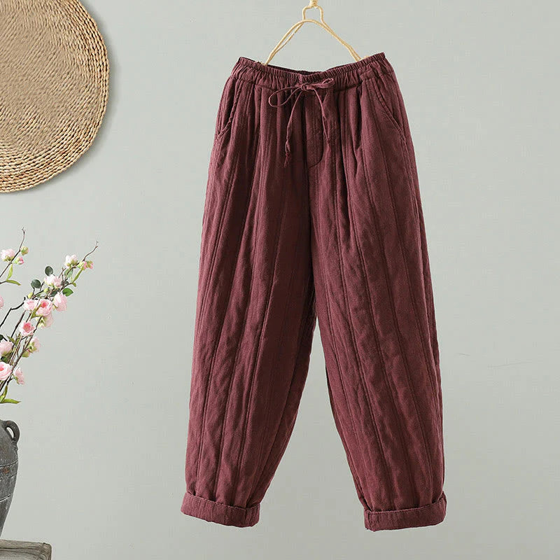 Buddha Stones Daily Plain Drawstring Design Women's Harem Elastic Waist Cotton Pants With Pockets