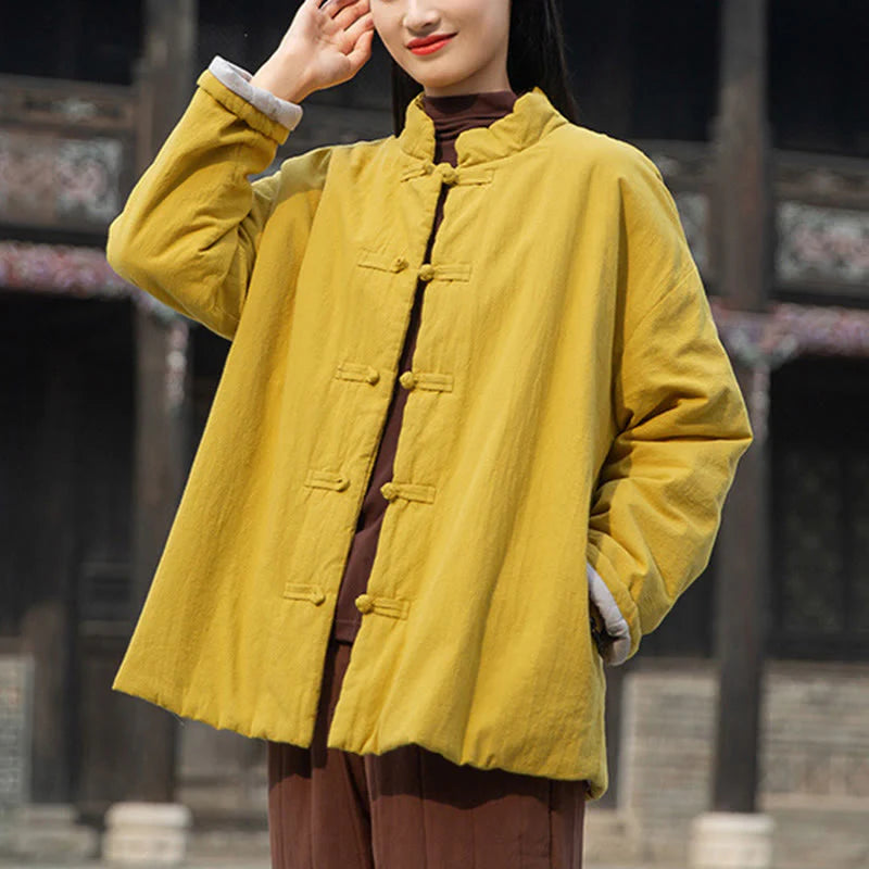 Buddha Stones Winter Solid Frog-Button Long Sleeve Cotton Women's Thermal Jacket With Pockets