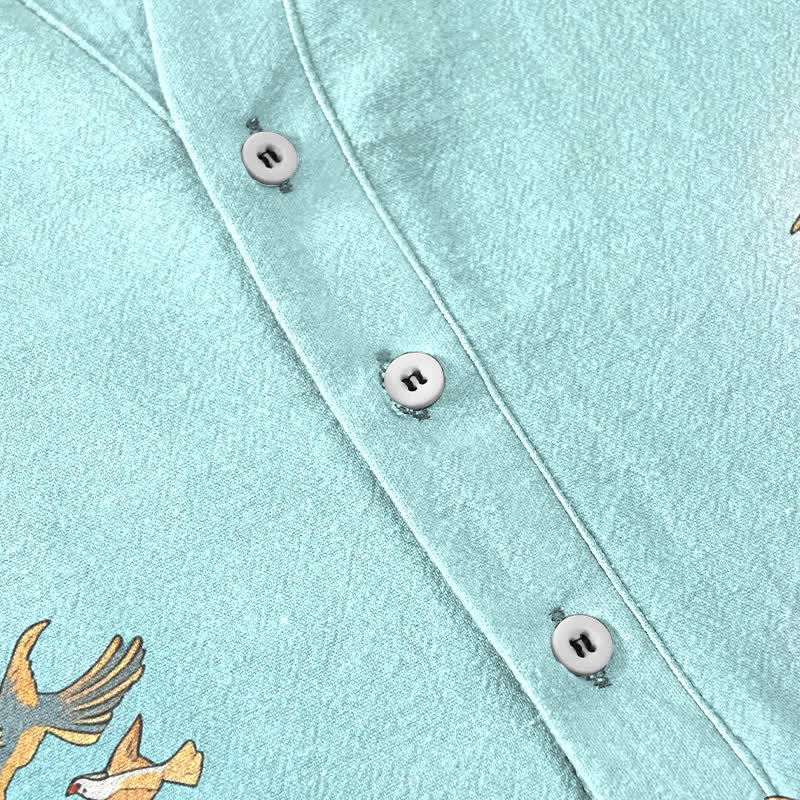 Buddha Stones Cotton Ocean Bird Wave Rock Print Men's Short Sleeve Half Button Shirt