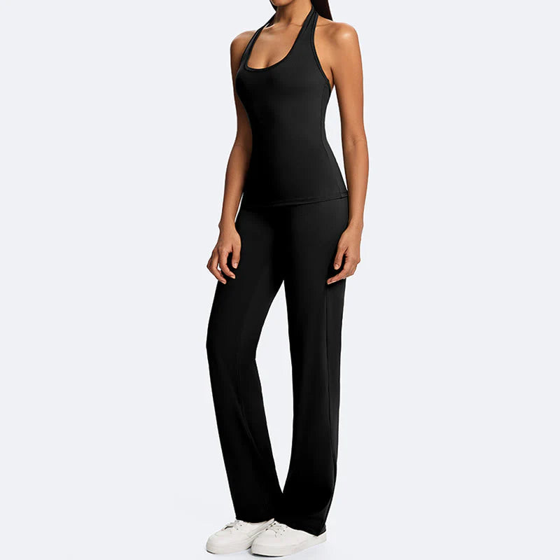 Buddha Stones Solid Crop Halter Backless Sleeveless Top Straight Leg Pants For Sports Fitness Yoga