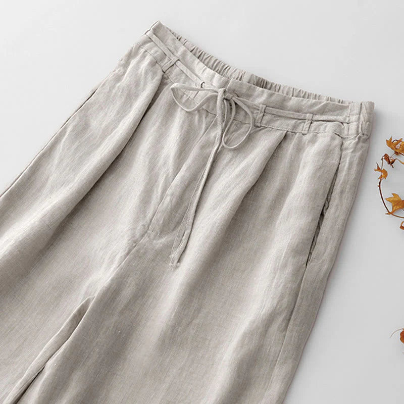 Buddha Stones Summer Plain Color Ankle-Length Drawstring Cotton Linen Women's Wide Leg Pants With Pockets Zipper