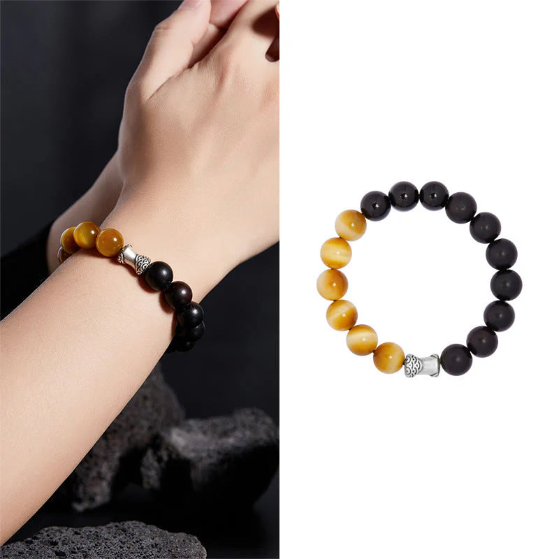 Buddha Stones 999 Sterling Silver Ebony Tiger Eye Black Obsidian Relax Bracelet