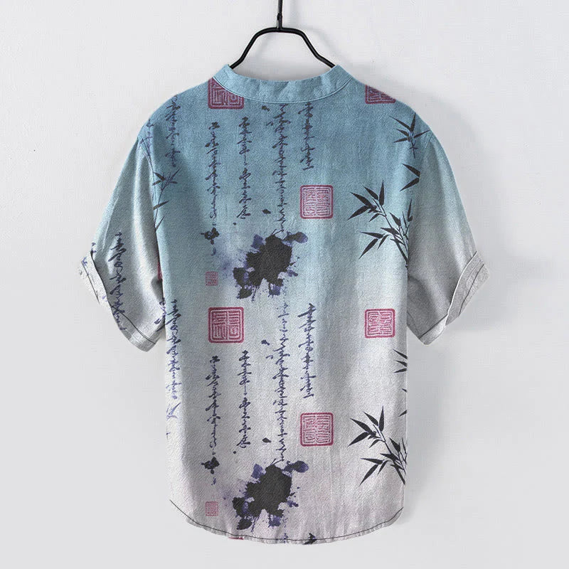Buddha Stones Cotton Gradient Calligraphy Bamboo Ink Painting Pattern Men's Short Sleeve Half Button Shirt