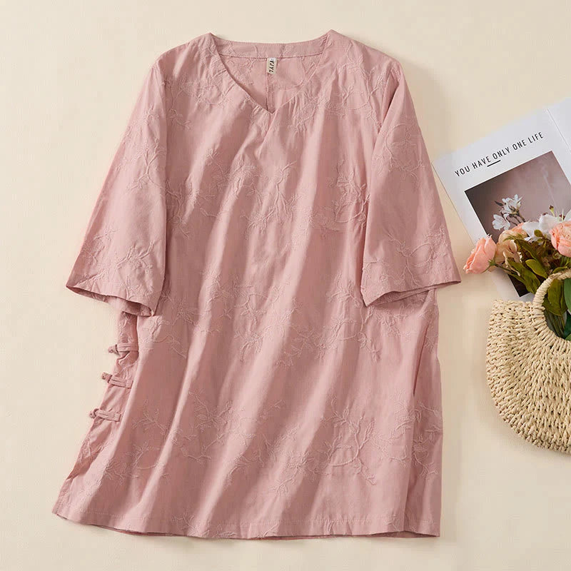 Buddha Stones Spring V-Neck Long Sleeve Leaf Pattern Women's Cotton Shirt