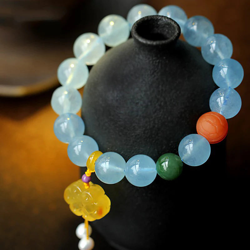 Buddha Stones Natural Aquamarine Amber Chinese Knotting Charm Peace Bracelet