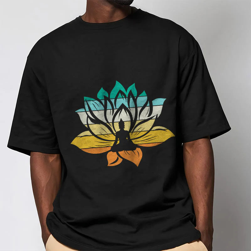 Buddha Stones Gradient-colored Lotus Flower Buddha Meditation Cotton Tee T-shirt