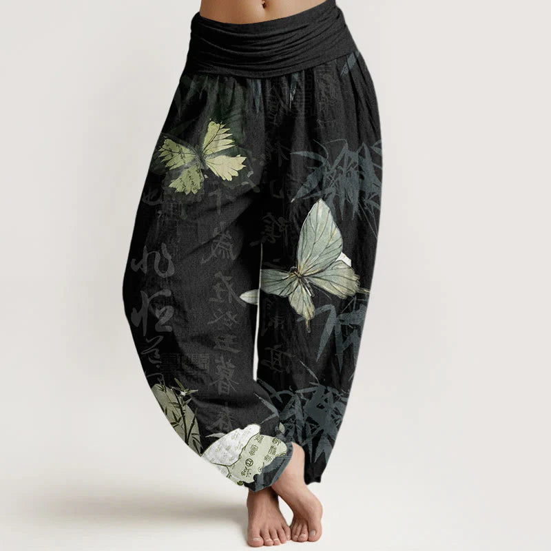 Buddha Stones Cotton Butterfly Bamboo Leaves Chinese Characters Pattern Women's Elastic Waist Harem Pants
