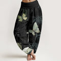 Buddha Stones Cotton Butterfly Bamboo Leaves Chinese Characters Pattern Women's Elastic Waist Harem Pants