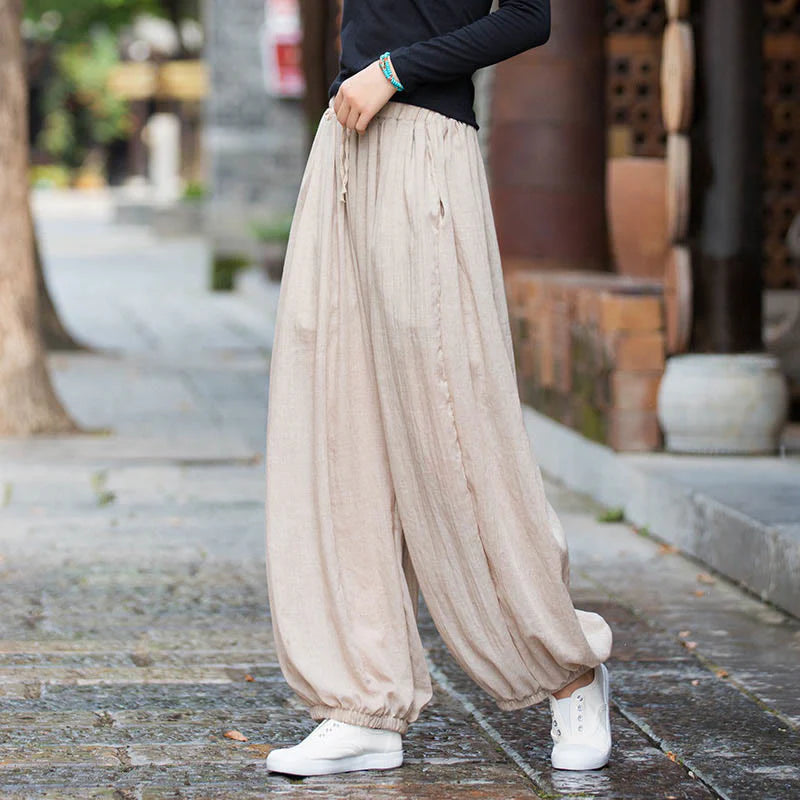 Buddha Stones Summer Plain Color Linen Drawstring Pants With Pockets