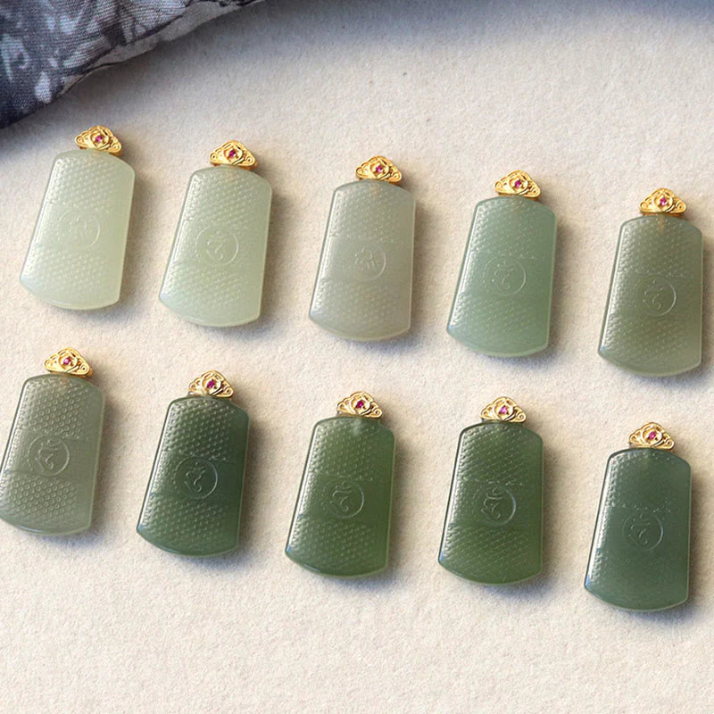 Buddha Stones Hetian Jade 925 Sterling Silver Om Symbol Prosperity Necklace Pendant