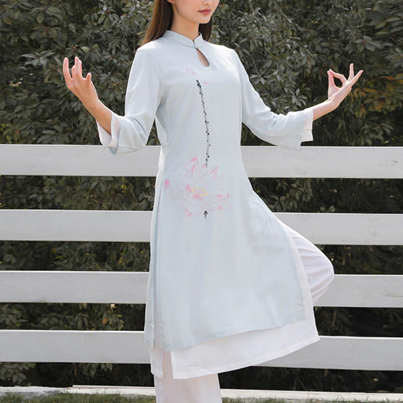 Buddha Stones 2Pcs Lotus Pattern Tai Chi Meditation Yoga Cotton Linen Clothing Top Pants Women's Set  (Extra 30% Off | USE CODE: FS30)