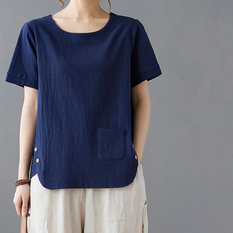 Buddha Stones Side Slit Design Women's Cotton Linen Crew Neck Short Sleeve T-Shirt Wtih Pocket
