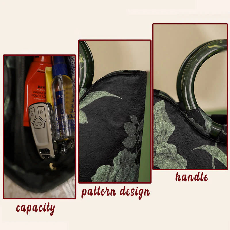 Buddha Stones Black Green Orchids Print Vintage Handbag