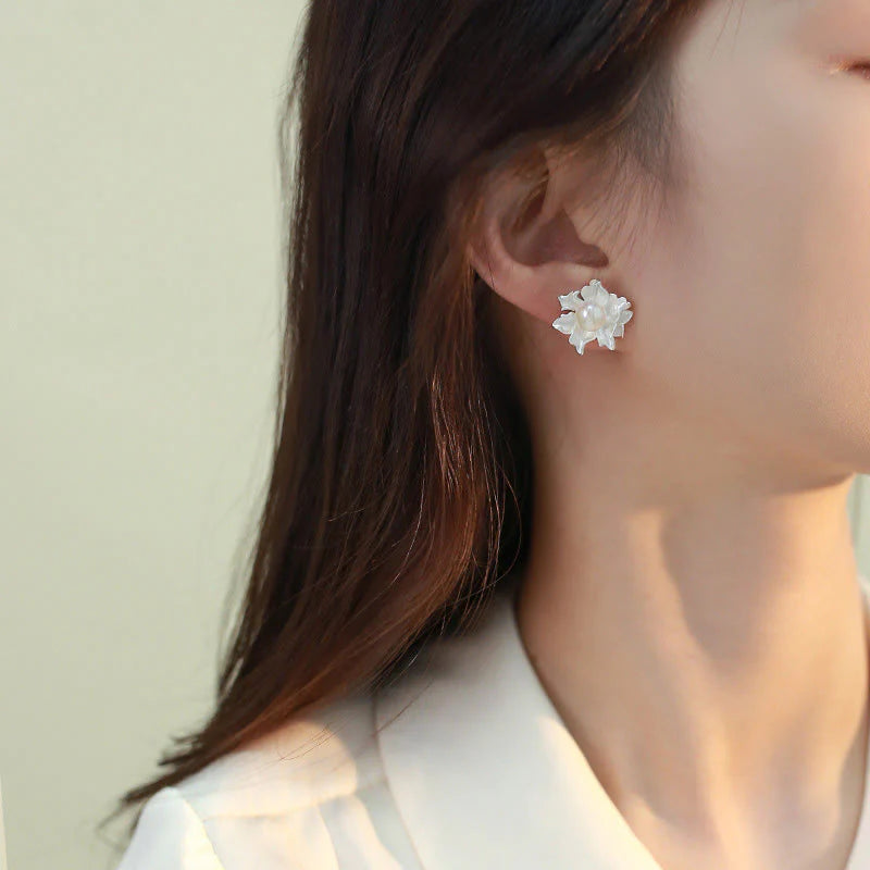 Buddha Stones Natural Pearl Copper Flower Healing Stud Earrings