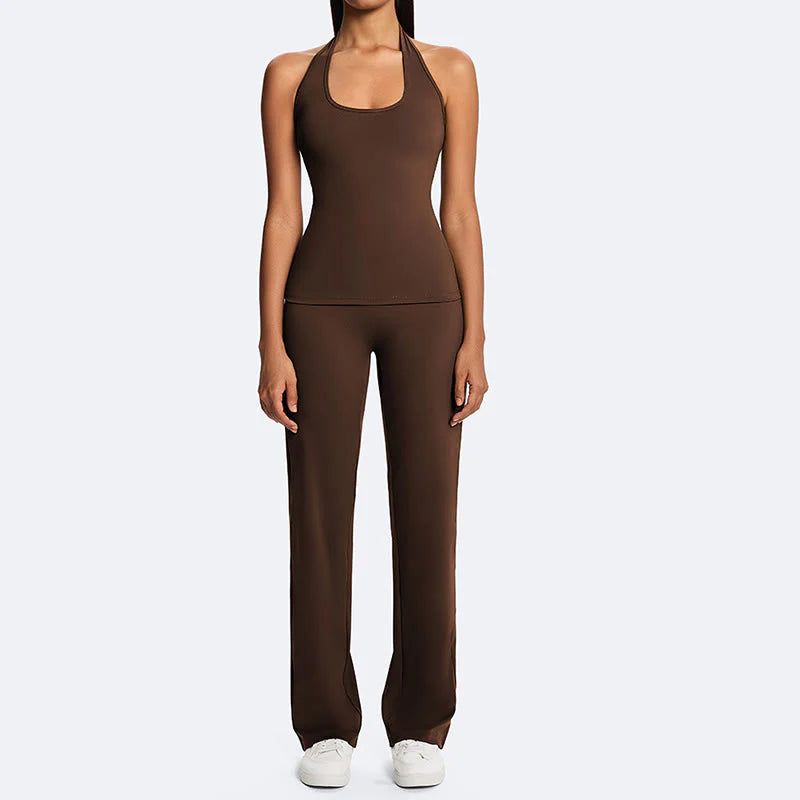 Buddha Stones Solid Crop Halter Backless Sleeveless Top Straight Leg Pants For Sports Fitness Yoga