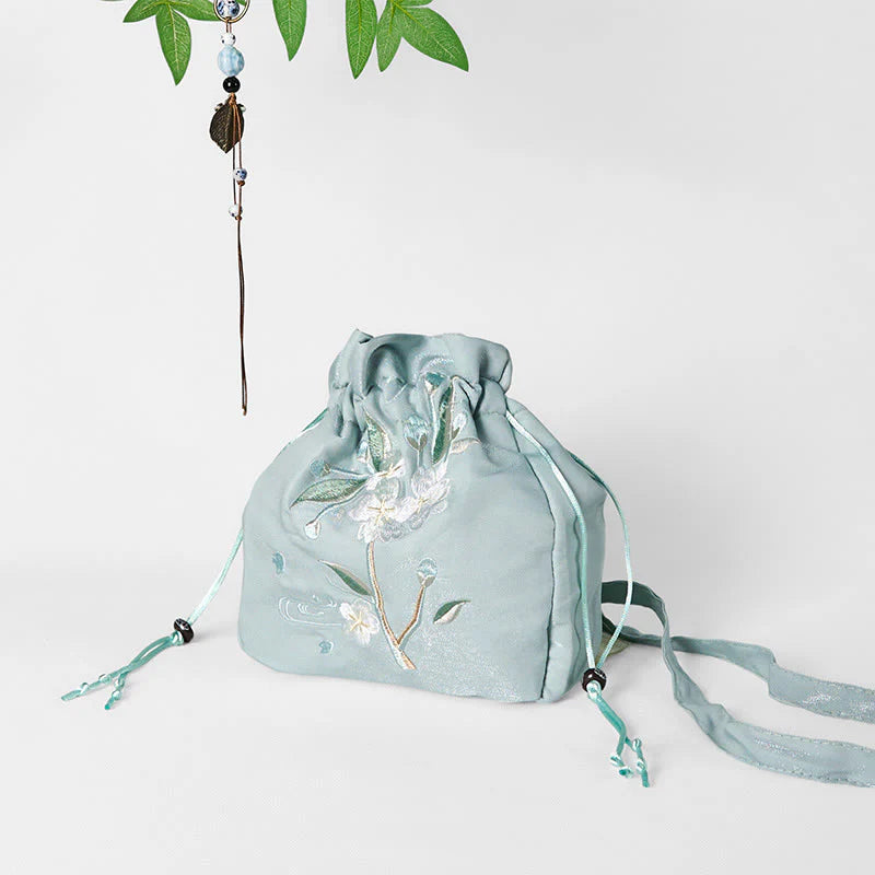 Buddha Stones Embroidered Green Flower Blossom Leaves Canvas Tote Crossbody Bag Shoulder Bag Handbag