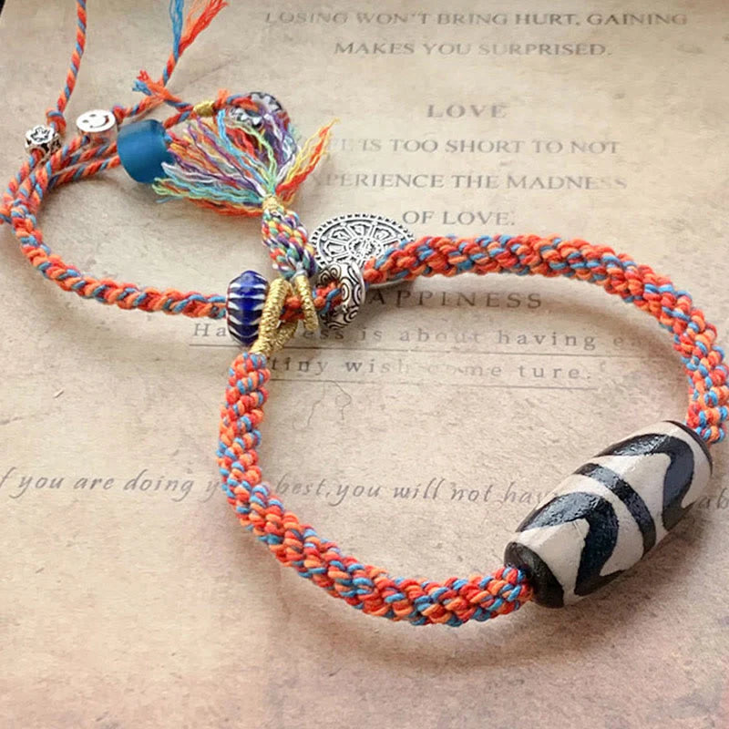 Buddha Stones Tibetan 925 Sterling Silver Om Mani Padme Hum Handmade Dzi Bead Protection Braid Bracelet
