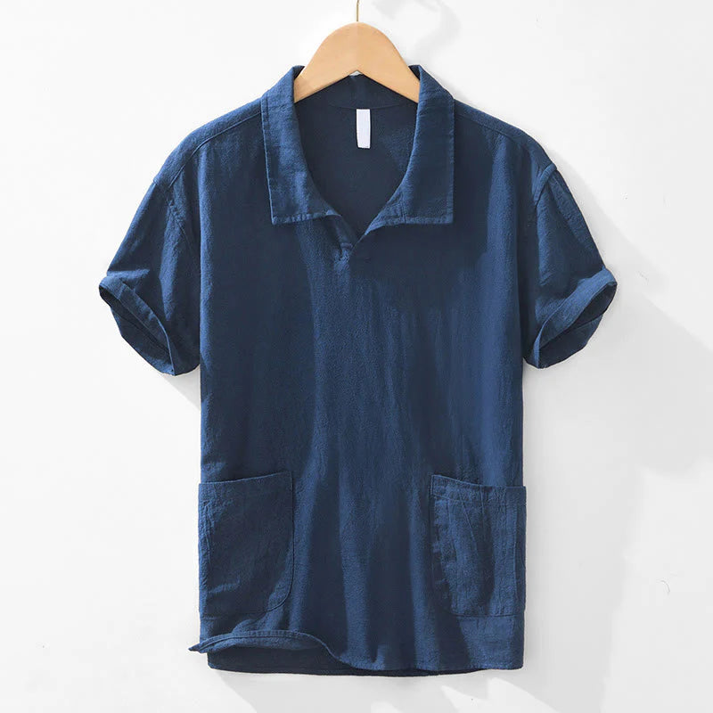 Buddha Stones Vintage Plain Simple Design Men's Short Sleeve Cotton Linen Shirt Clothing With Pockets