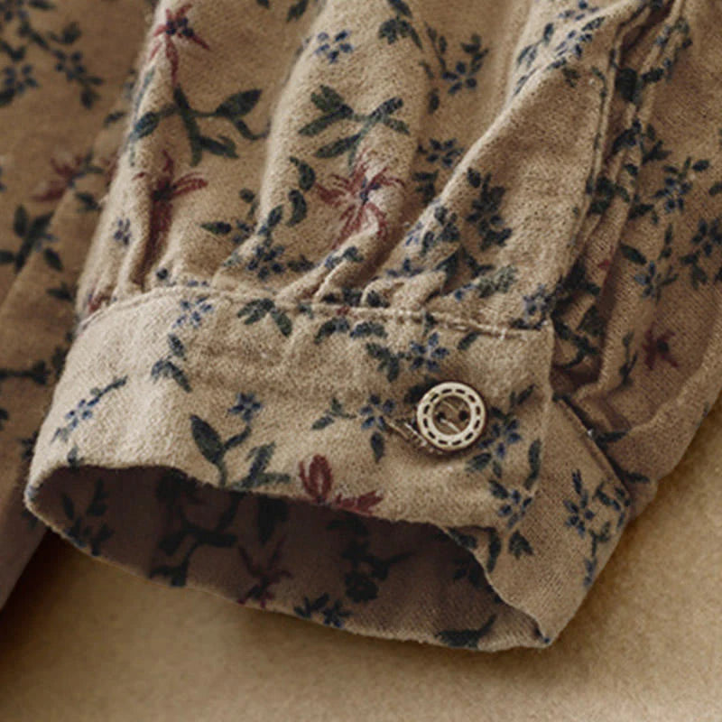 Buddha Stones Fall Floral Print Buttons Down Design Women's Cotton Long Sleeve Shirt