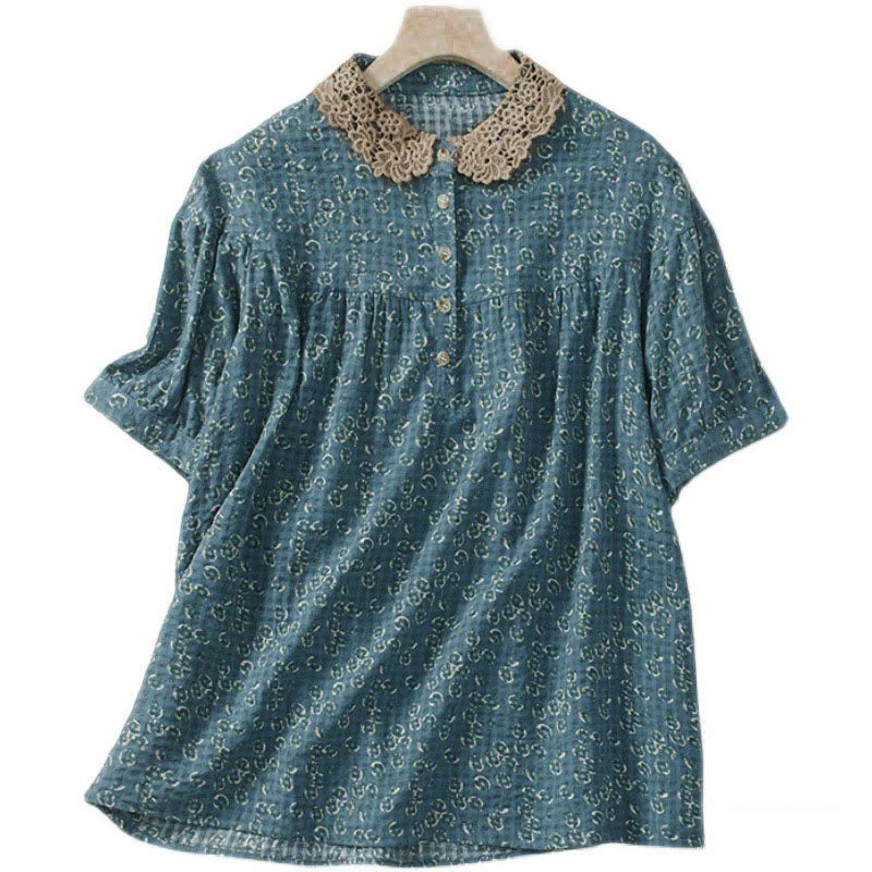 Buddha Stones Front Button Design Floral Print Pattern Women's Cotton Half Sleeve Shirt