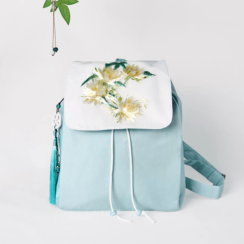 Buddha Stones Handmade Blue Epiphyllum Embroidered Large Capacity Canvas Backpack