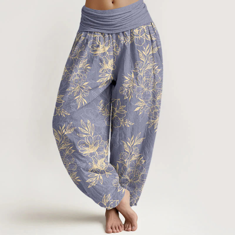 Buddha Stones Cotton Complicated Flowers Leaves Pattern Women's Elastic Waist Harem Pants