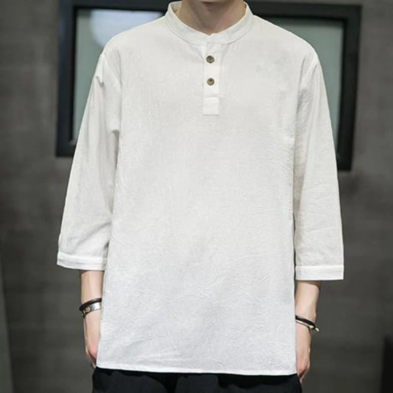 Buddha Stones Vintage Causal Pure Color Stand Collar Men's Three Quarter Sleeve Cotton Linen Shirt