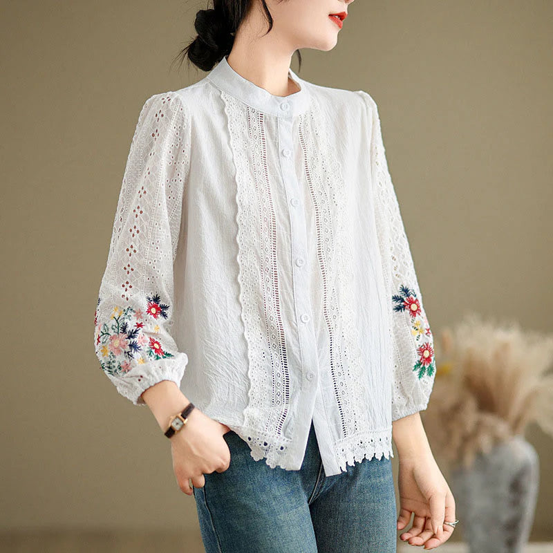 Buddha Stones Fall Lace Embroidery Flower Leaf Pattern Stand Collar Buttons Women's Long Sleeve Shirt