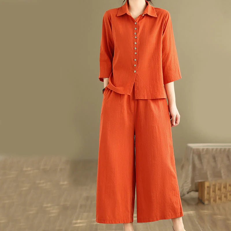 Buddha Stones 2pcs Casual Women's Stand Collar Shirt Loose Pants Meditation Clothing Set
