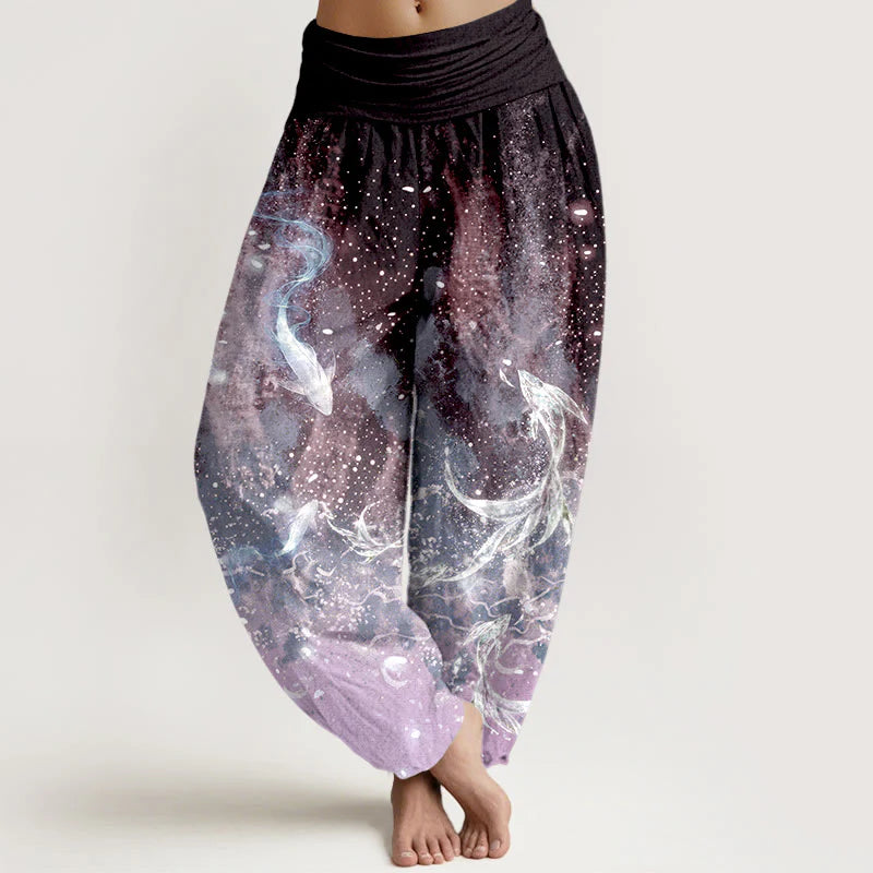 Buddha Stones Cotton Koi Fish Aquatic Pattern Women's Elastic Waist Harem Pants