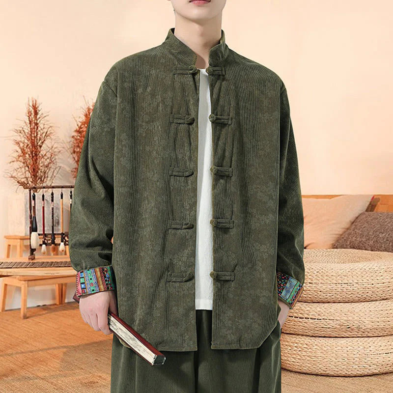 Buddha Stones Plain Plum Blossom Pattern Long Sleeve Men's Cotton Corduroy Tang Suit Jacket