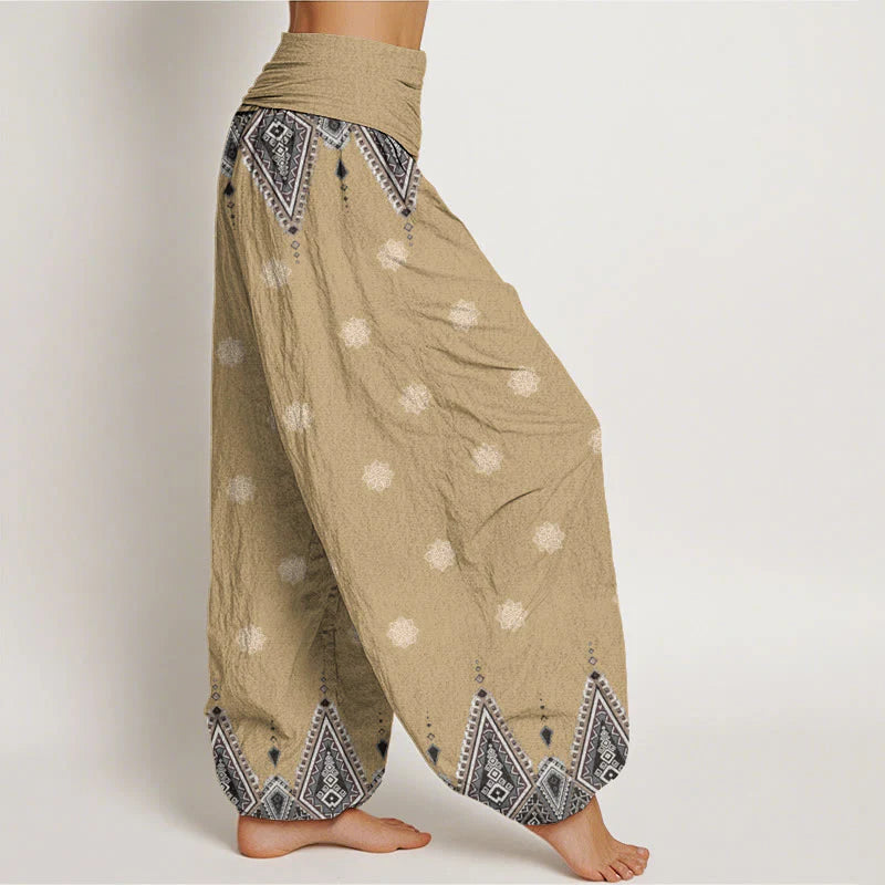 Buddha Stones Cotton Bohemian Geometric Floral Design Women's Elastic Waist Harem Pants
