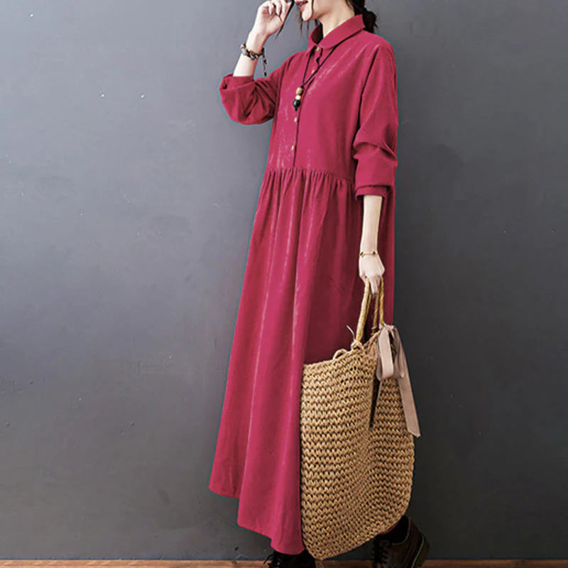 Buddha Stones Fall Buttons Design Long Sleeve Cotton Corduroy Midi Dress With Pockets