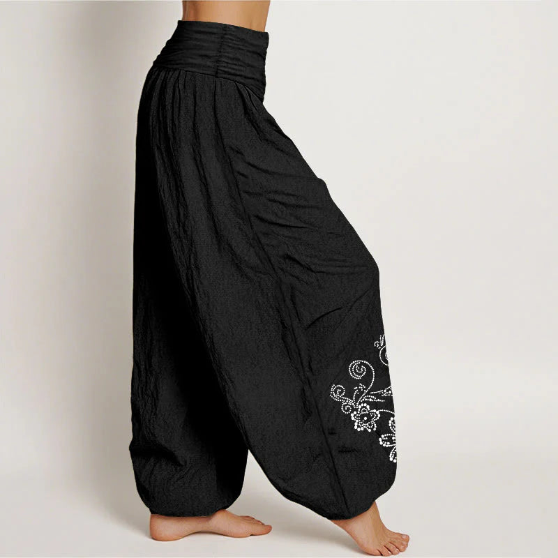 Buddha Stones Pure Cotton Composed Of Dots Vine Flower Pattern Women's Elastic Waist Harem Pants