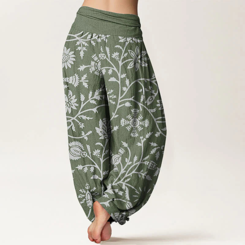 Buddha Stones Cotton Casual Floral Branches Flowing Vines Pattern Women's Elastic Waist Harem Pants