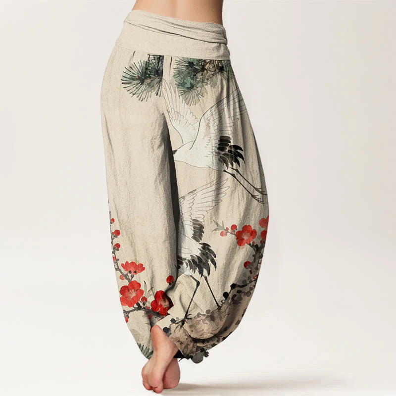 Buddha Stones Print Cranes Plum Blossoms Pattern Women's Elastic Waist Harem Cotton Pants