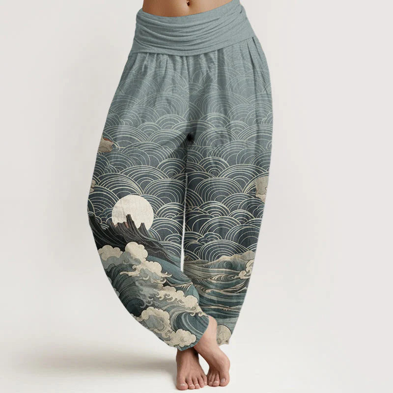 Buddha Stones Cotton Casual Wave Moon Mountain Pattern Women's Elastic Waist Harem Pants