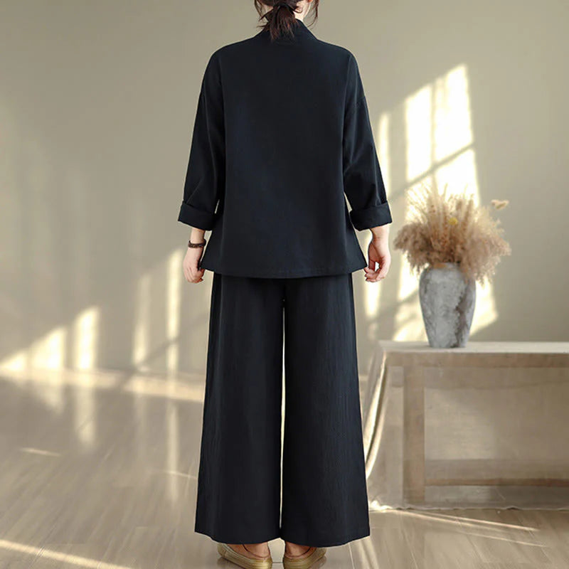 Buddha Stones 2Pcs V-Neck Long Sleeve Shirt Wide Leg Pants Zen Meditation Women's Set