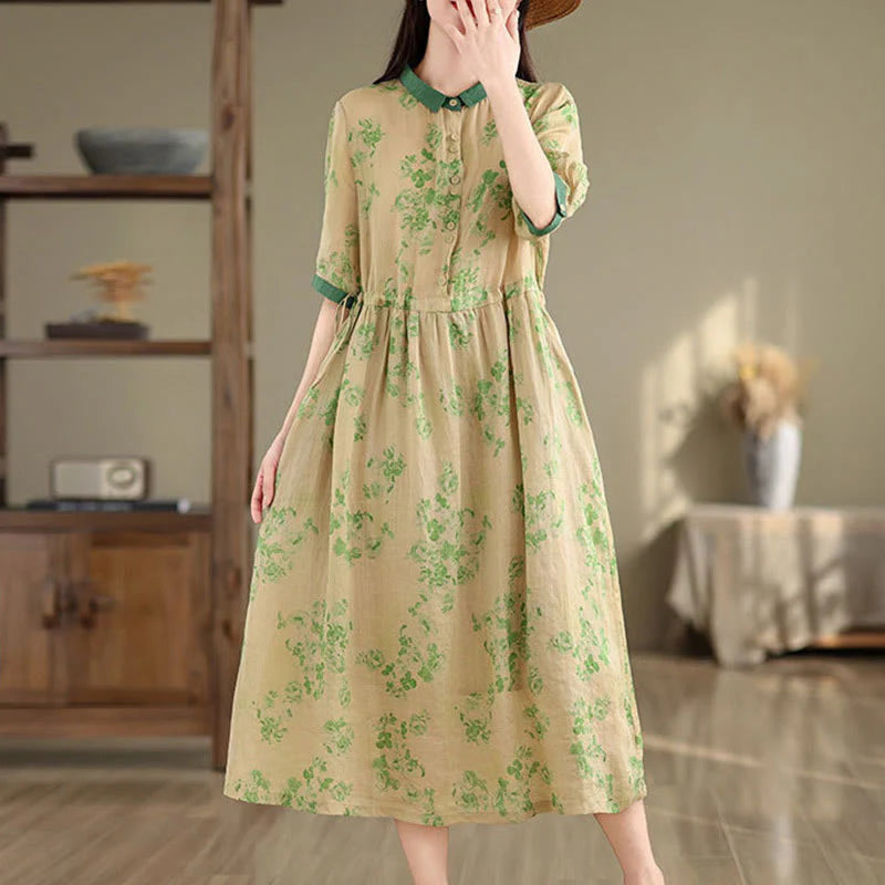 Buddha Stones Retro Printing Floral Pattern Drawstring Design Half Sleeve Cotton Midi Dress With Pockets