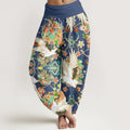 Buddha Stones Cotton Casual Crane Floral Geometric Pattern Elastic Waist Women's Harem Pants